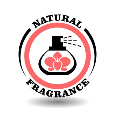 Parfüm şişesinde orkide çiçeği olan doğal koku vektör damgası. Doğal organik kozmetik ambalajı için yuvarlak ikon sentetik koku ve yapay çiçek kokusu olmadan.