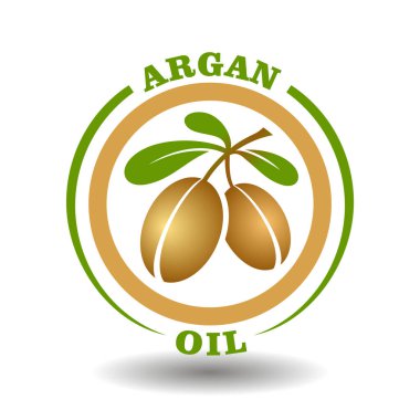 Organik kozmetik ürünleri için yuvarlak piktogramda yeşil yapraklı Argan yağı ve arganya fındığı sembolü ve Fas yağı içeriyor.
