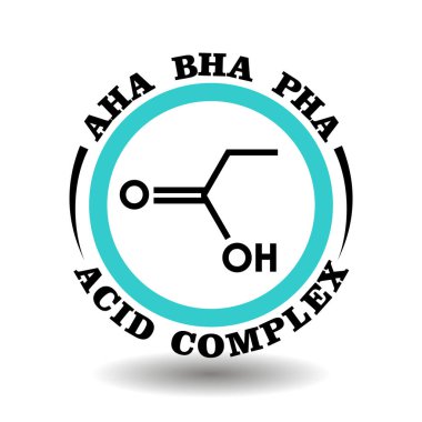 Paket ürün işaretleri için Çember vektör ikonu AHA, BHA, PHA kompleks asit temizlik kozmetiklerinde Alfa, Beta, Poli hidroksi asitleri içerir. Eksfoliant ovalama sembolü için anti-akne tedavi piktogramı logosu