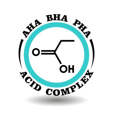 Circle vector icon AHA, BHA, PHA complex acid for package product signs contain Alpha, Beta, Poly hydroxy acids in cleansing cosmetics. Anti-acne treatment pictogram logo for exfoliant scrub symbol clipart