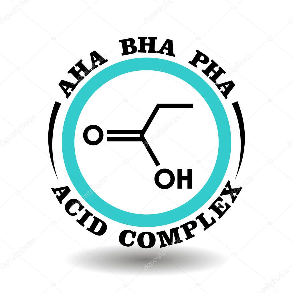 Circle vector icon AHA, BHA, PHA complex acid for package product signs contain Alpha, Beta, Poly hydroxy acids in cleansing cosmetics. Anti-acne treatment pictogram logo for exfoliant scrub symbol