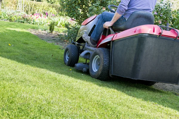 Senior trädgårdsmästare nyklippt gräs — Stockfoto