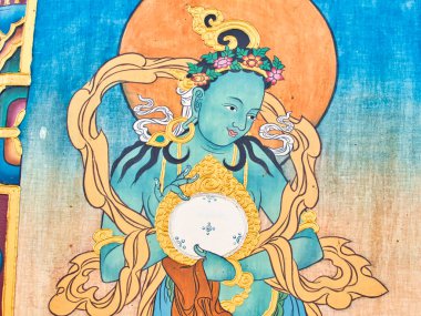 LA BOULAYE, FRANCE - Nisan 2018. Bin Budist tapınağındaki tapınak duvarındaki Budist hikayesinin çok renkli duvar resimleri. Buddha Yaşamı Sahnesi