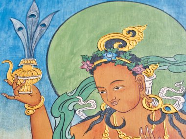 LA BOULAYE, FRANCE - Nisan 2018. Bin Budist tapınağındaki tapınak duvarındaki Budist hikayesinin çok renkli duvar resimleri. Buddha Yaşamı Sahnesi