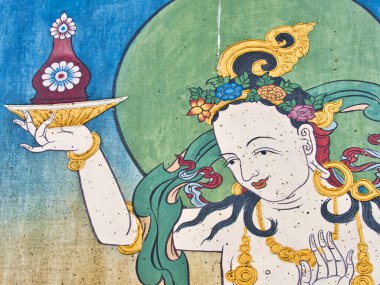 LA BOULAYE, FRANCE - Nisan 2018. Bin Budist tapınağındaki tapınak duvarındaki Budist hikayesinin çok renkli duvar resimleri. Buddha Yaşamı Sahnesi