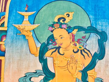 LA BOULAYE, FRANCE - Nisan 2018. Bin Budist tapınağındaki tapınak duvarındaki Budist hikayesinin çok renkli duvar resimleri. Buddha Yaşamı Sahnesi