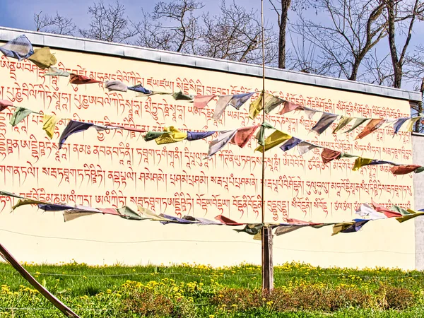 Gebetsfahnen Des Tibetischen Buddhismus Auf Denen Das Buddhistische Mantragebet Mani — Stockfoto