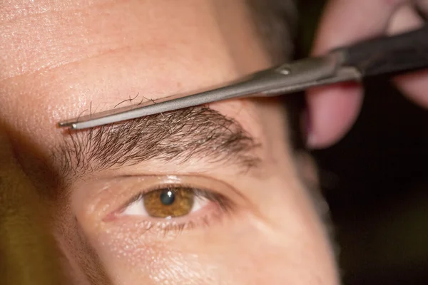 Retrato de homem cortando cabelos de sobrancelha . — Fotografia de Stock