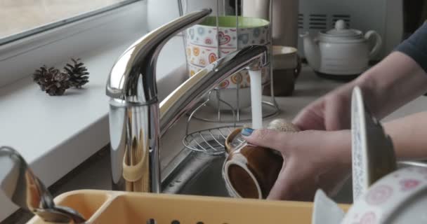 Woman washing dishes in the sink — Stock Video