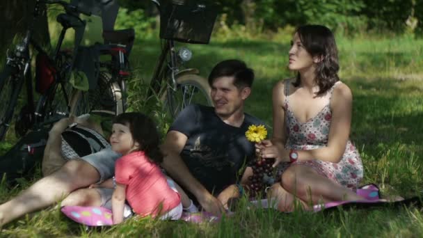 아름 다운 부모 엄마와 아빠, 공원에서 피크닉에서 즐거운 시간을. — 비디오
