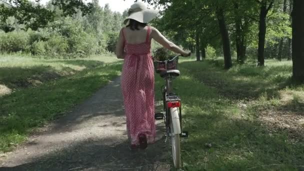 Schöne Mädchen geht mit dem Fahrrad auf der Straße hält das Fahrrad aus dem Park zurück, Zeitlupe — Stockvideo