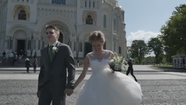 Recién casados caminando en el parque tomados de la mano — Vídeo de stock