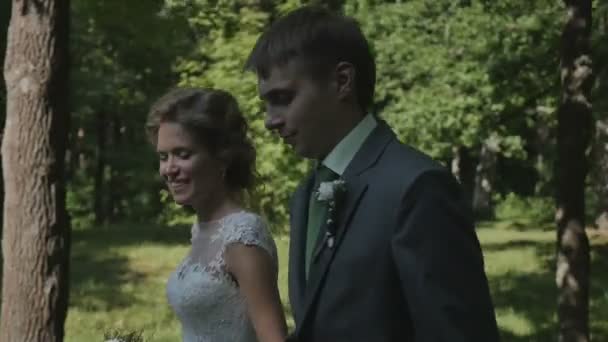 Newlywed para spaceru w parku, trzymając się za ręce — Wideo stockowe