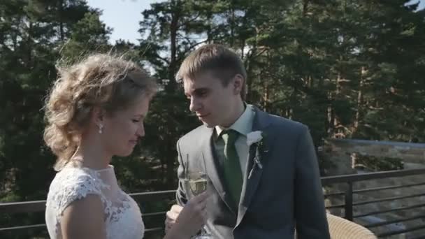 Nevěsta a ženich pití šampaňského stojící na verandě letní kavárna — Stock video