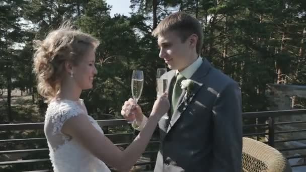 Das Brautpaar trinkt Champagner auf der Veranda des Sommercafés — Stockvideo