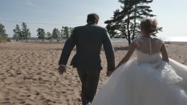 Couple holding hands running on the beach, moving the camera around — Stock Video