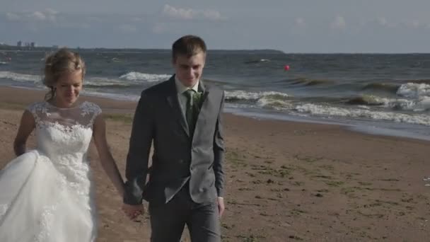 Några promenader på stranden håller händer — Stockvideo