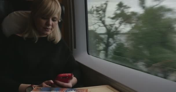 Ελκυστική γυναίκα βυθισμένο στο τηλέφωνό σας με το τρένο — Αρχείο Βίντεο