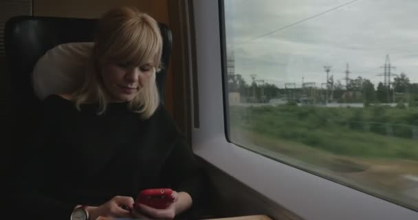 Donna attraente immersa nel telefono sul treno — Video Stock