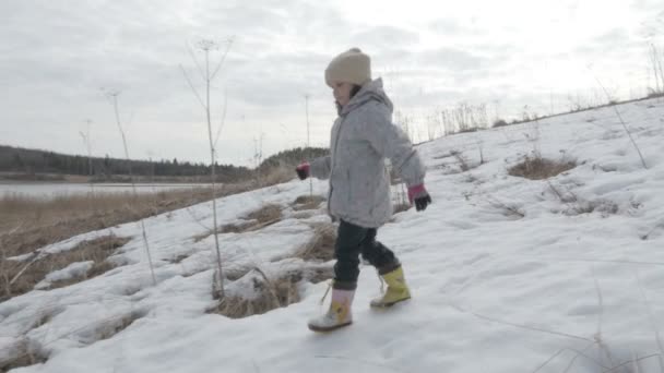 Маленька дівчинка гуляє на полі весняний пейзаж — стокове відео