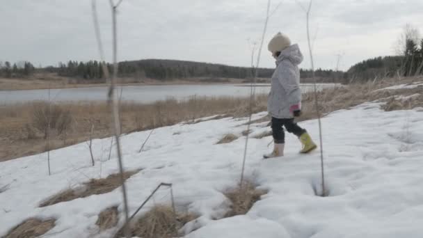 Kleines Mädchen geht auf dem Feld Frühlingslandschaft — Stockvideo