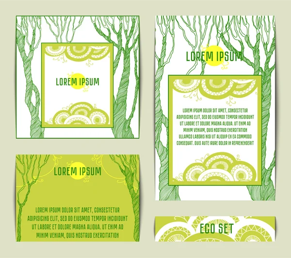 Set of card with green tree in eco-friendly stile. — Stock Vector