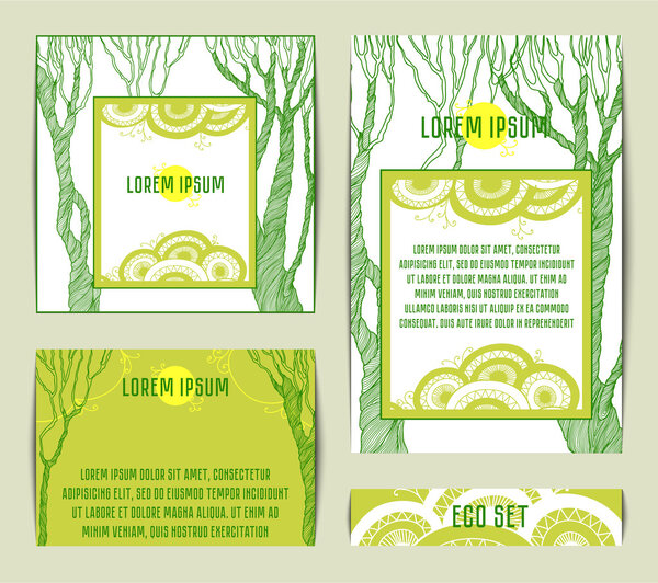 Set of card with green tree in eco-friendly stile.