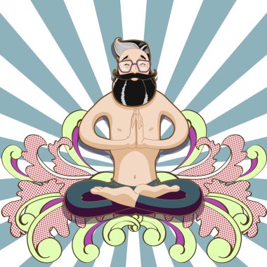 Genç adam bir yoga lotus meditasyon gülümseyen psichedelic arka plan üzerinde poz. Vektör çizim tasarım kundalini yoga için kartları.