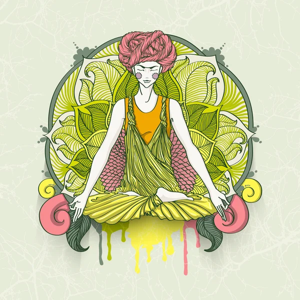 Bella ragazza con turbante seduta in posa Lotus . — Vettoriale Stock