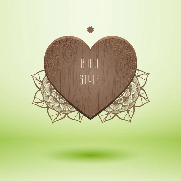 Corazón leñoso con mandala marrón en estilo ecológico — Vector de stock
