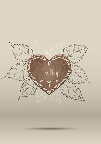 Corazón de madera con hojas y adorno boho — Vector de stock