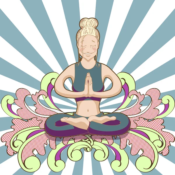 Mujer hipster sonriente en pose de loto de yoga — Archivo Imágenes Vectoriales