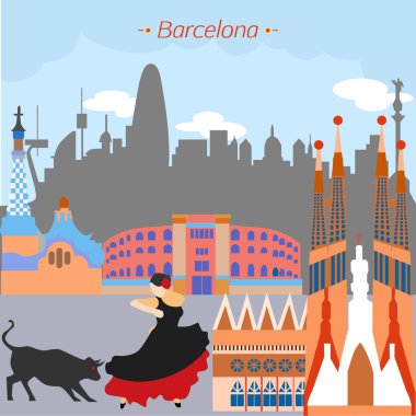 Vektör şehir Barcelona, İspanya düz tasarım stili'parlak detaylı çizim.