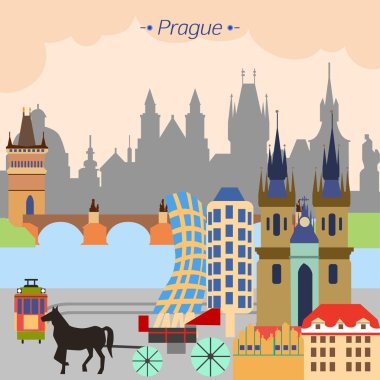 Parlak vektör çiziminde Nehri üzerinde bir şehir Prag, Çek Cumhuriyeti düz tasarım stili ayrıntılı.