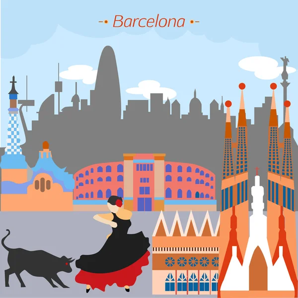 Vector bright detailed illustration of city Barcelona, Spain in flat design style. — Stock Vector