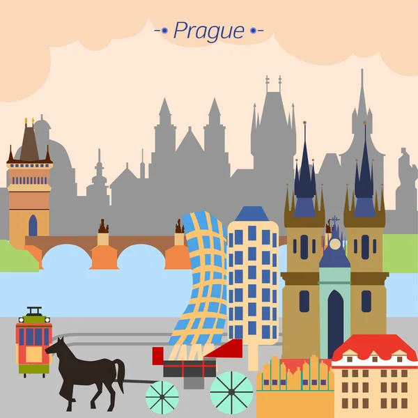 Wektor jasny szczegółowe ilustracja miasta Pragi na rzece, Republika Czeska w stylu Płaska konstrukcja. — Wektor stockowy