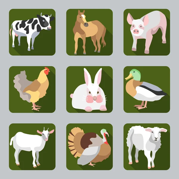 Vector icon set with silhouettes of farm animals on green buttons. — Stock Vector