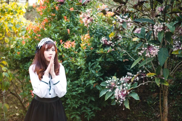 Charmante Aziatische meisje in Japanse meid kostuum — Stockfoto