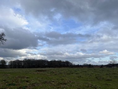 Bulutları ve otlarla dolu alanı gösteren uzun bir manzara