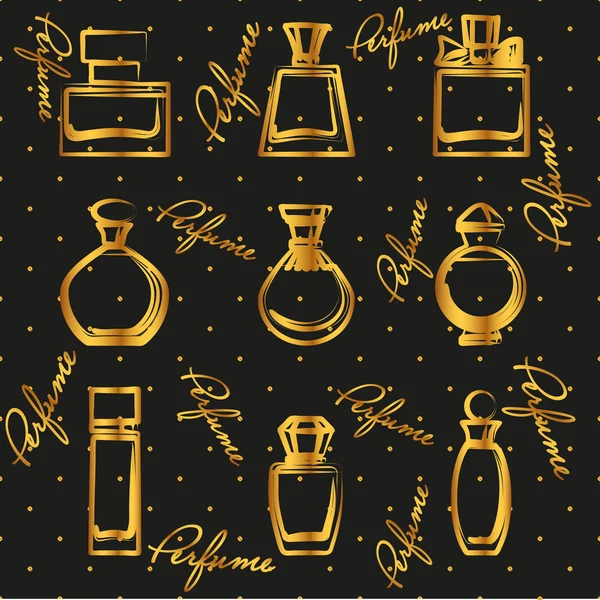 Conjunto de diferentes botellas de perfume de oro en vector — Archivo Imágenes Vectoriales