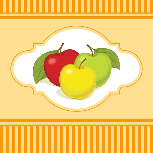 Manzanas rojas, amarillas y verdes sobre fondo naranja — Vector de stock