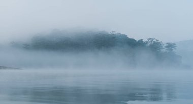 Ağaçlarla kaplı tepelerin yer aldığı puslu manzara, sakin bir su kütlesine yansıyarak doğanın güzelliğini yansıtıyor.
