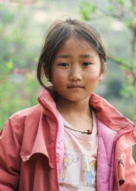 Düşünceli bir ifadeyle pembe ceketli genç bir kızın portresi.