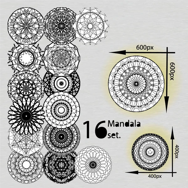 Mandala-Set. sechzehn geometrische kreisförmige Ornamente. Folge 10 — Stockvektor