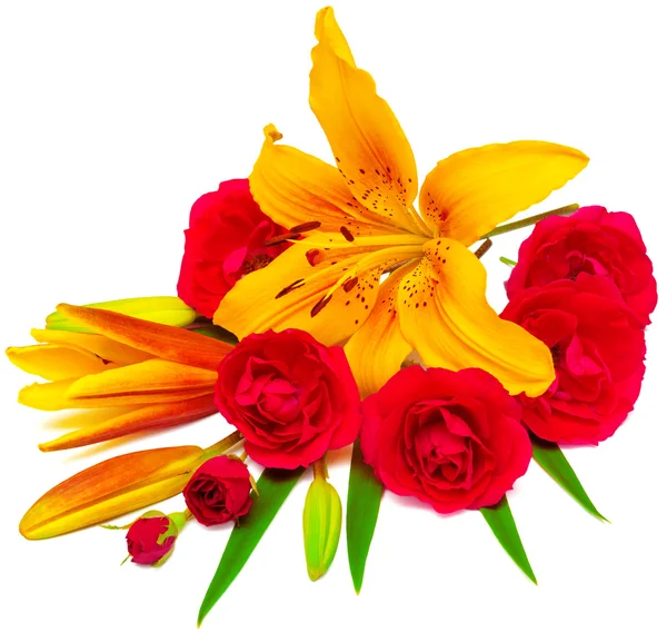Liliom virágok és rózsák — Stock Fotó