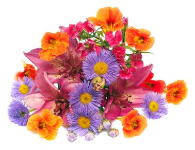 Lily çiçekler, nasturtiums ve karanfil buketi 