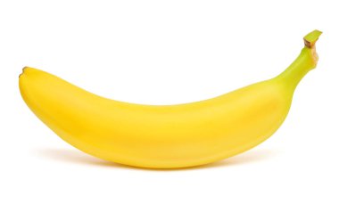 Beyaz arka planda izole edilmiş bir muz. Mükemmel bir rötuşlama, fotoğrafın tam derinliği. Üst manzara, düz uzanma