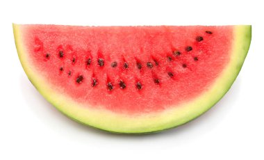Beyaz arka planda izole edilmiş karpuz dilimi. Yaratıcı yaz konsepti. Üst manzara, düz uzanma