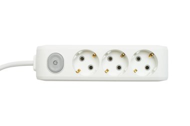 Elektrik uzatma kablosu beyaz arka planda izole edilmiş. Düz yatış, üst görünüm 