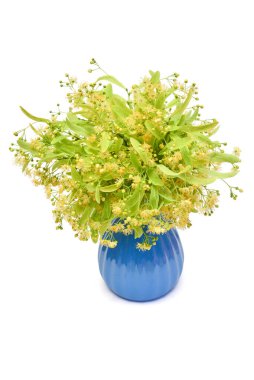 Beyaz arka planda izole edilmiş bir vazoda çiçek buketi. Düz yatış, üst görünüm